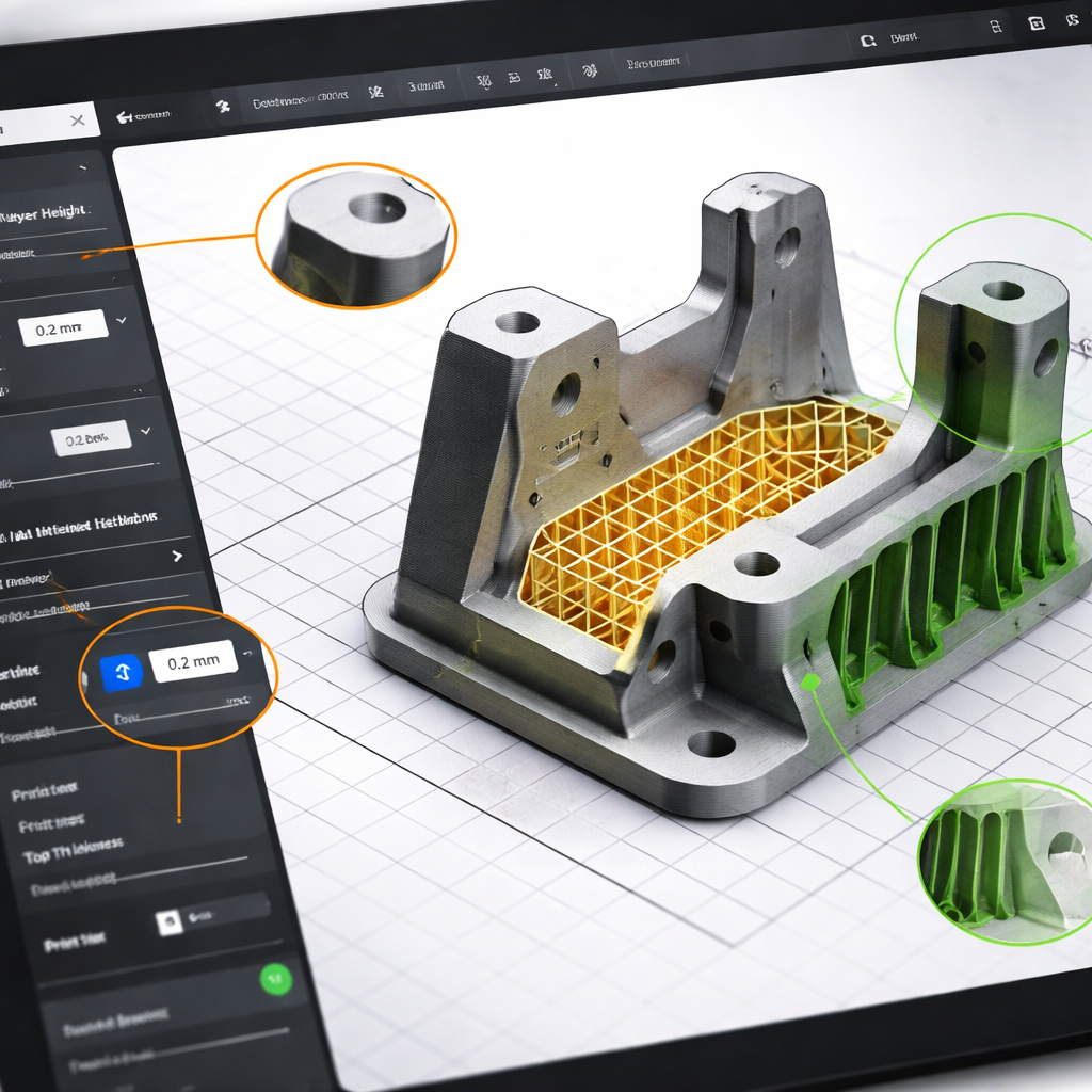 Screenshot eines modernen Slicers mit Markierungen für Schichthöhe, Infill‑Einstellungen und Support‑Preview, um die wichtigsten Elemente zu erklären.
