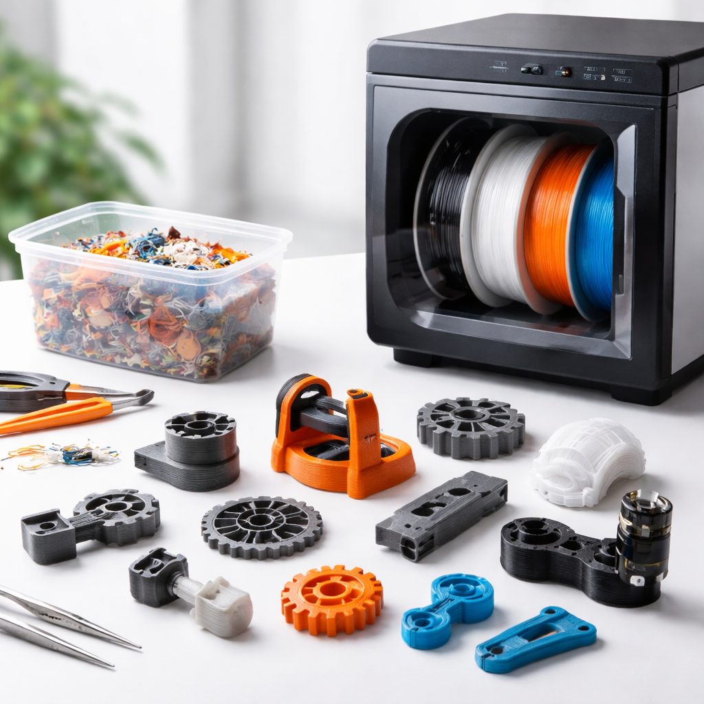 Mehrere kleine gedruckte Ersatzteile und Upgrades für Alltagsgeräte, daneben ein kleiner Behälter mit Filamentresten und ein Trockenschrank zur Filamentlagerung.