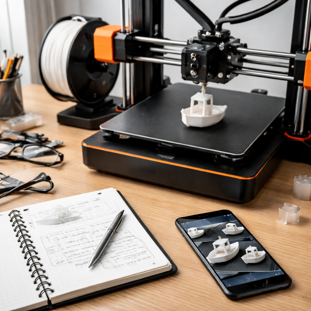 Arbeitsplatz mit Drucker, auf dem ein kalibrierter Benchy steht; daneben Notizen und ein Smartphone mit Foto der Drucke zur Dokumentation.