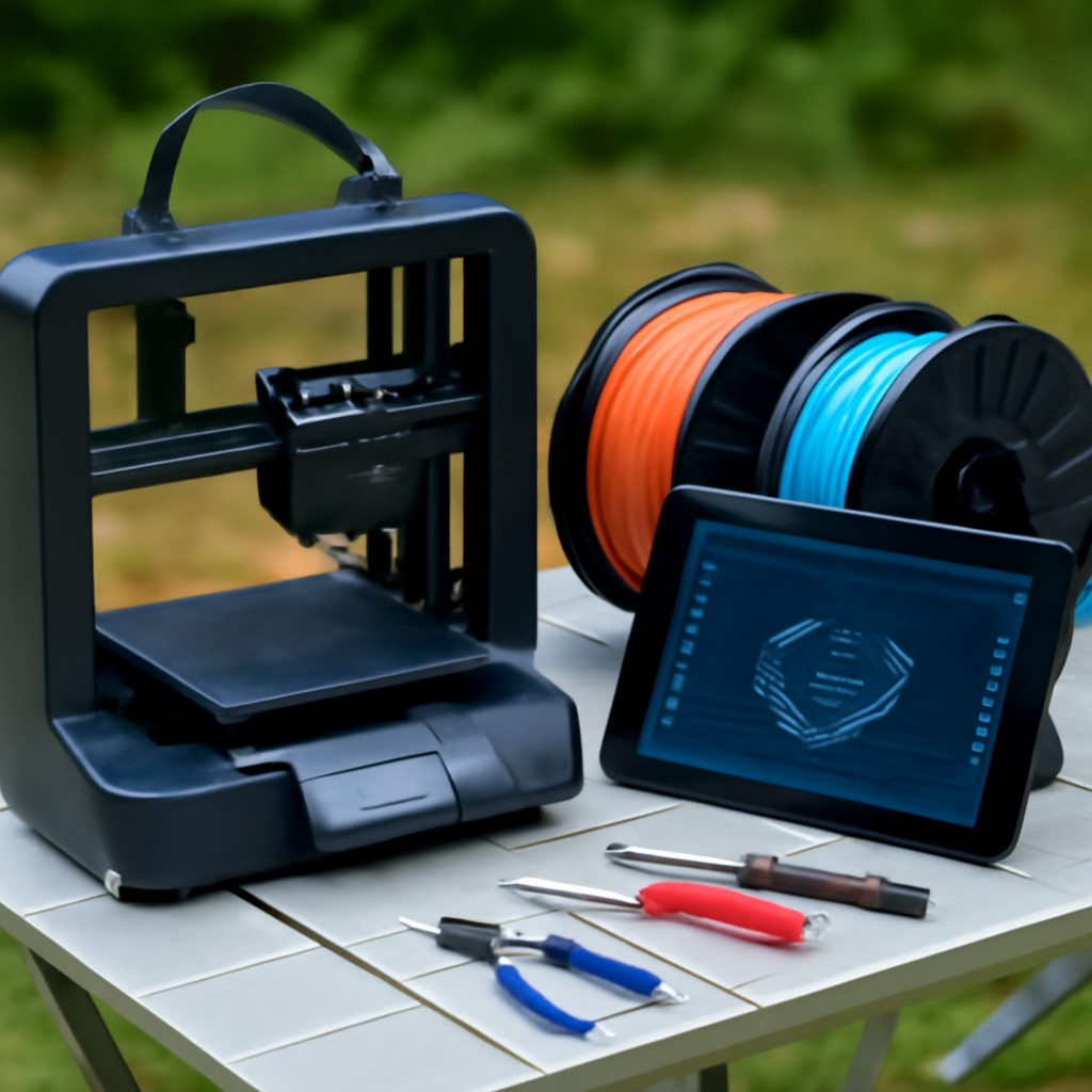 Kompakter Mobilauftrag: Drucker, Werkzeug, Filamentrollen und Tablet mit Slicer-App auf einem Campingtisch