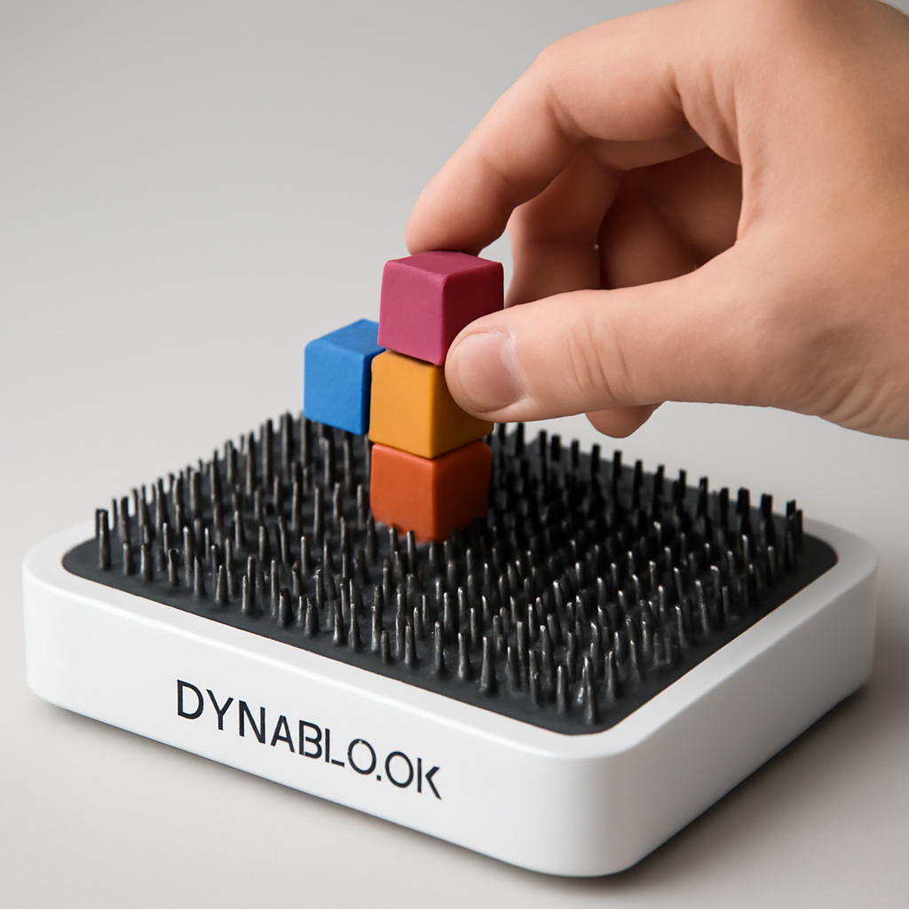 Nahaufnahme des Dynablock‑Prototyps: ein rechteckiges 24×16‑Pin‑Array, in dem einzelne Pins hochfahren und magnetische Blöcke bilden, eine Hand greift gerade ein aufgebautes Objekt ab
