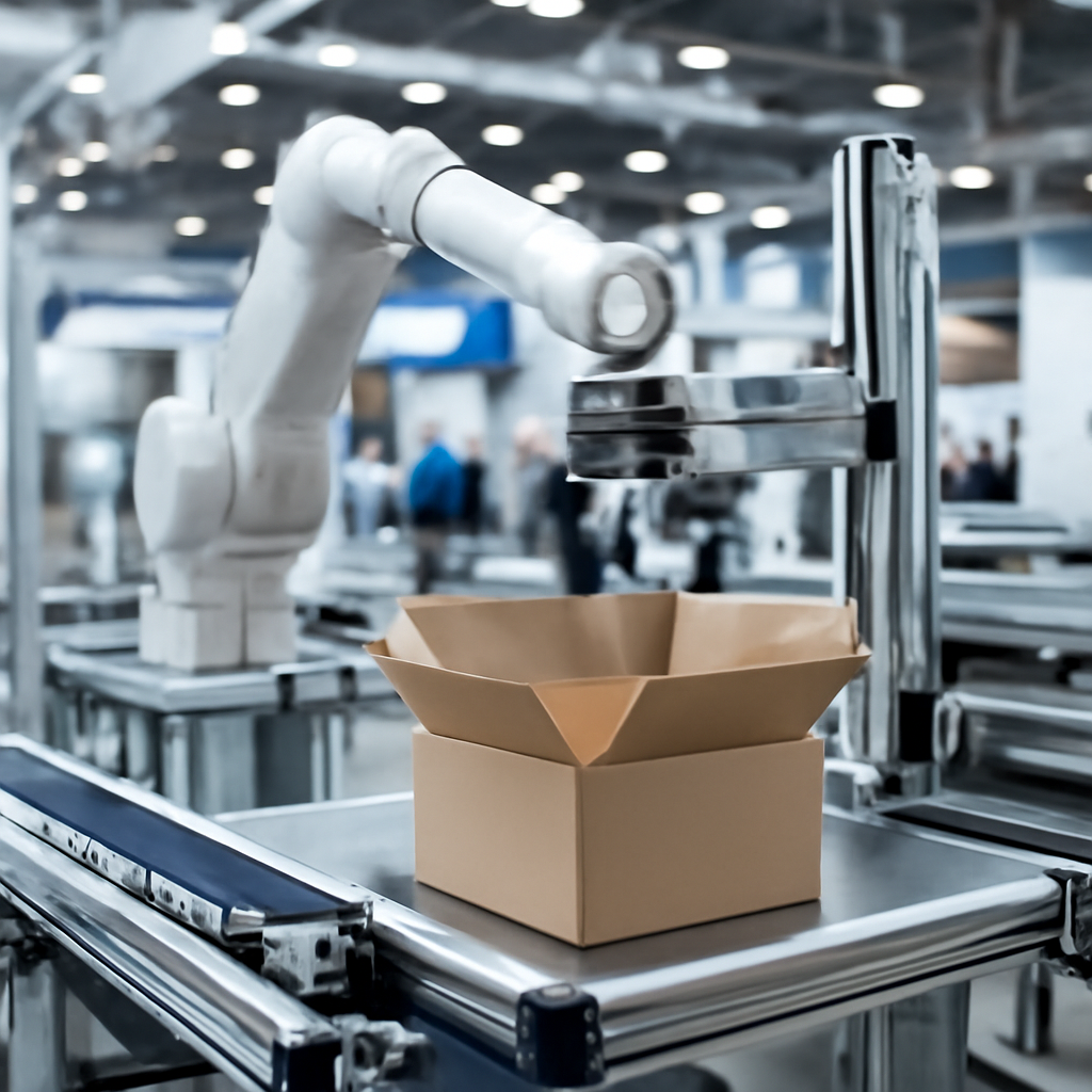 Automatisierte Auspackstation auf dem Messeboden mit Robotik-Elementen und Fördertechnik