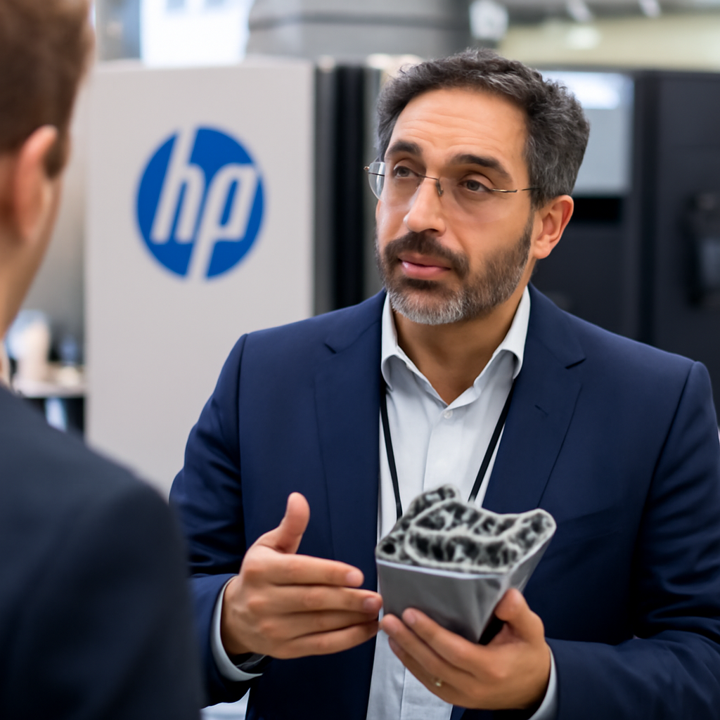 Raffi Beglarian im Gespräch auf der Messe, wird beim Erklären eines Bauteils gezeigt