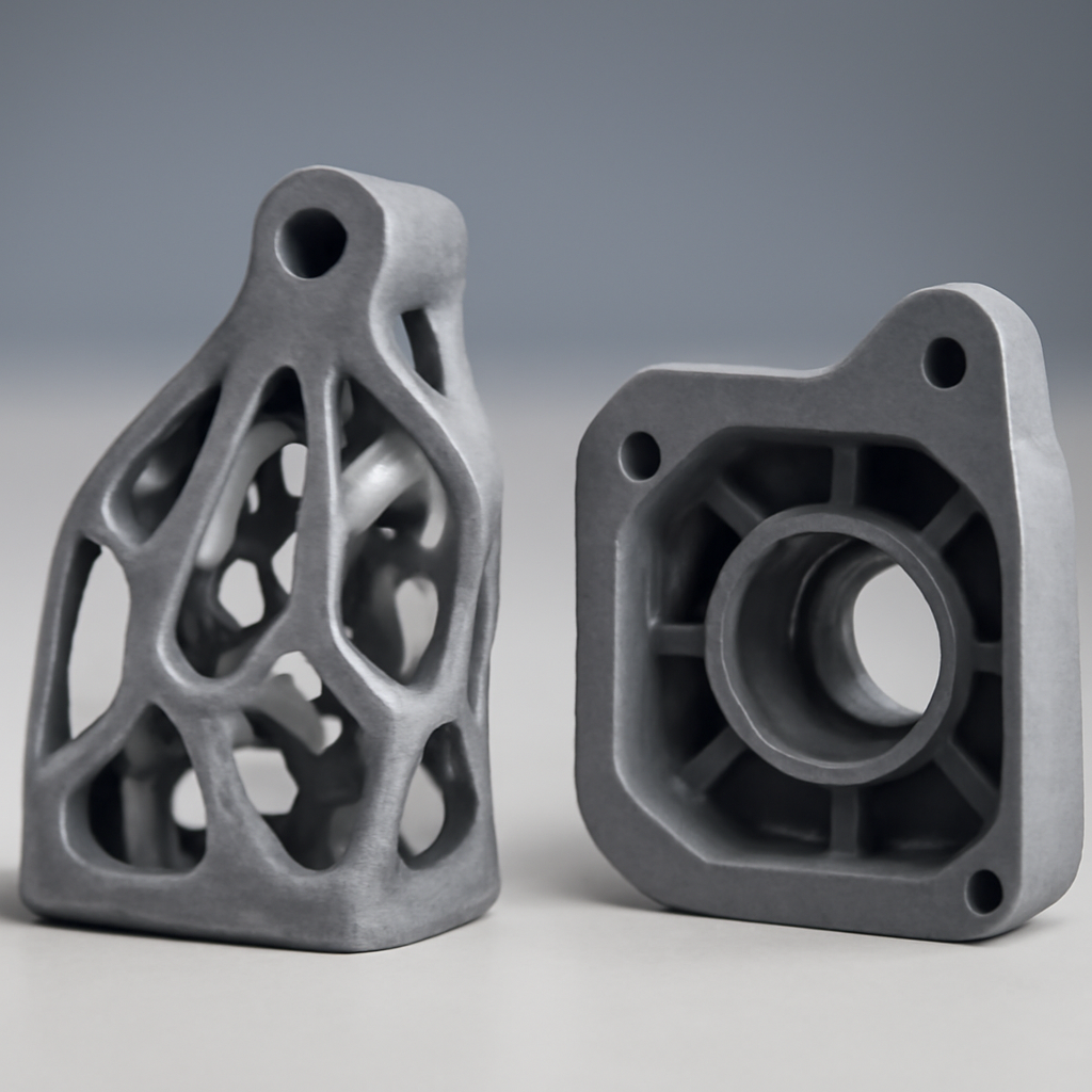 Topology-optimiertes Bauteil neben einem konturnahen Vergleichsteil, Blick auf komplexe innere Strukturen