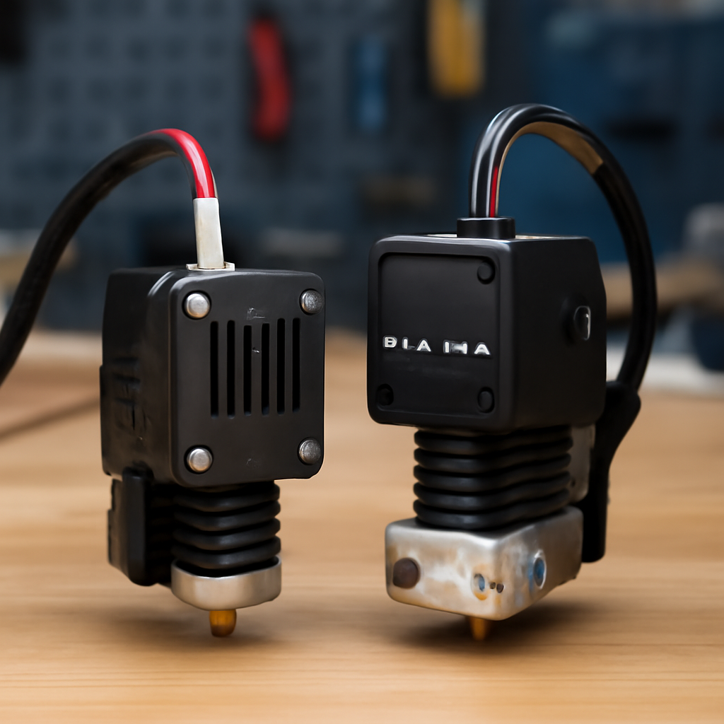 Vergleichsaufnahme des originalen Centauri‑Carbon‑Hotends neben dem angekündigten Canvas‑Hotend auf einem Werkstatttisch, mit Fokus auf Düsenbereich und mechanische Schnittstellen