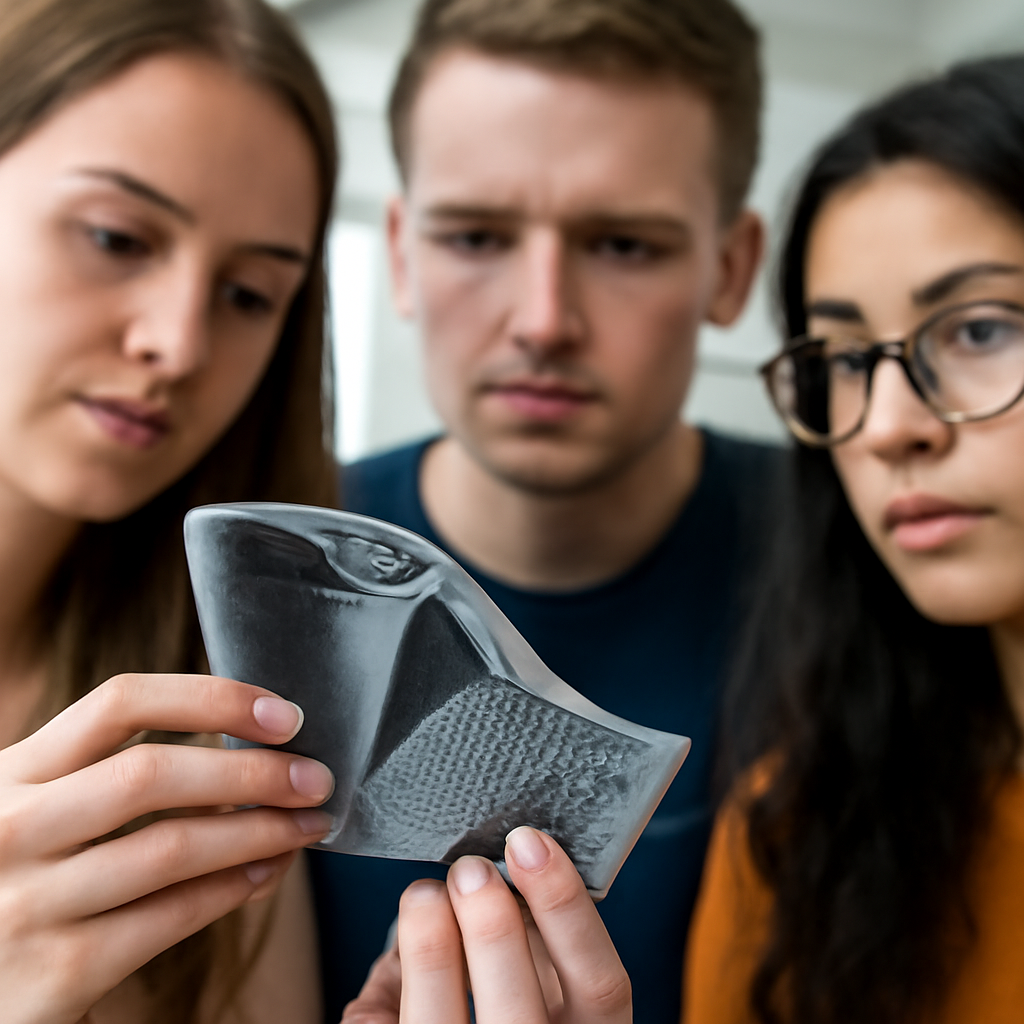 Studierende begutachten ein 3D-gedrucktes Bauteil mit sichtbarer Funktionsschicht, Nahaufnahme der Oberfläche mit Texturen, Fokus auf Detailstruktur