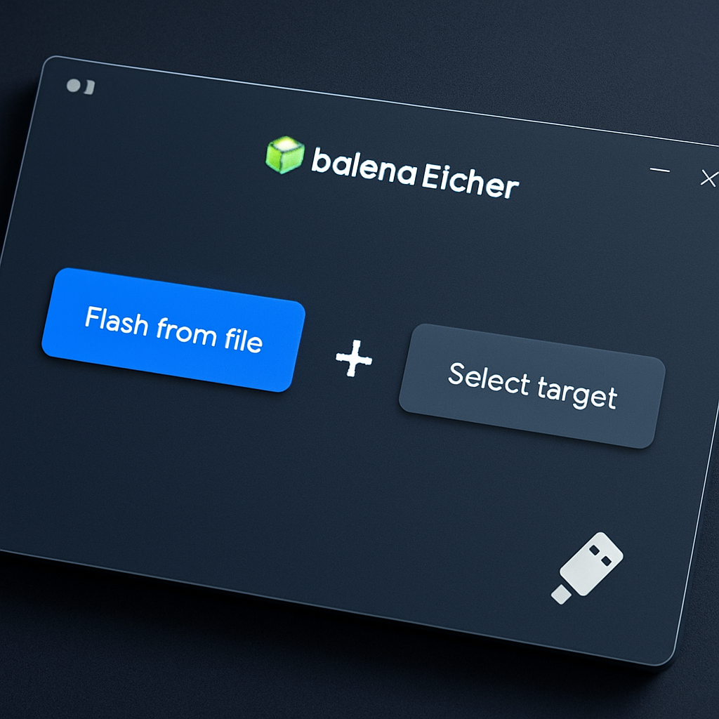 Screenshot von Balena Etcher beim Auswählen einer ISO und eines USB‑Sticks, Fokus auf den Buttons ‚Flash from file‘ und ‚Select target‘