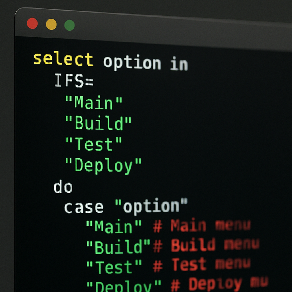 Bash-select-Grundstruktur mit Menüoptionen