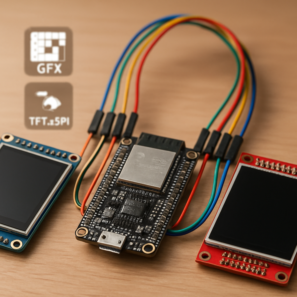 ESP32-Board mit TFT-Displays im Labor