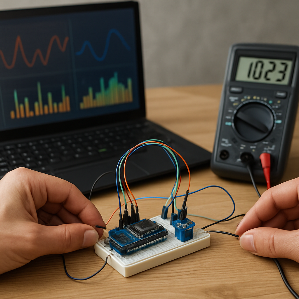 ESP32-S3-basierte Signalkonditionierung am Arbeitstisch, sauber sichtbar