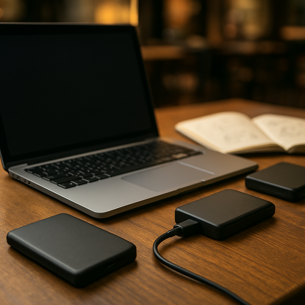 Drei Kopien unterwegs: Laptop, SSDs und Offsite