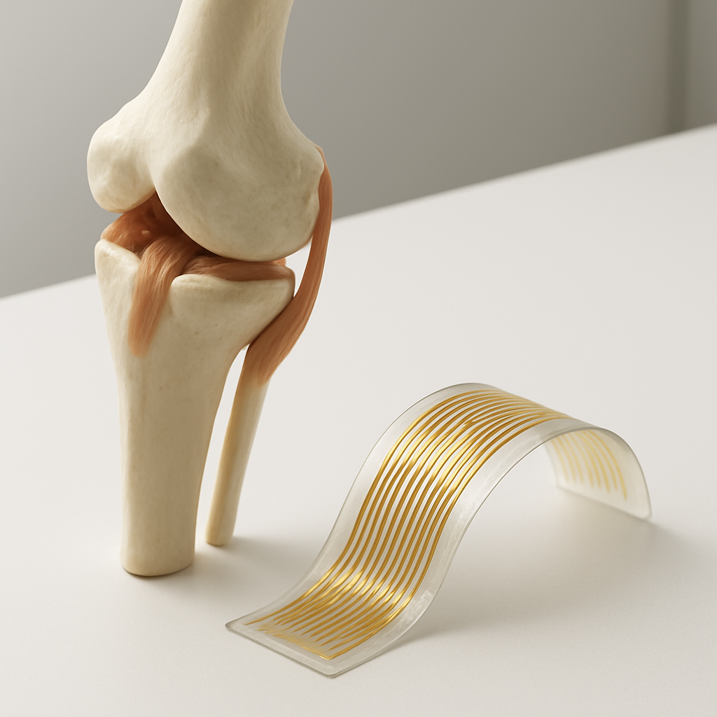 Knie-Demonstrationsobjekt neben flexiblem Elektronikbauteil im Labor.