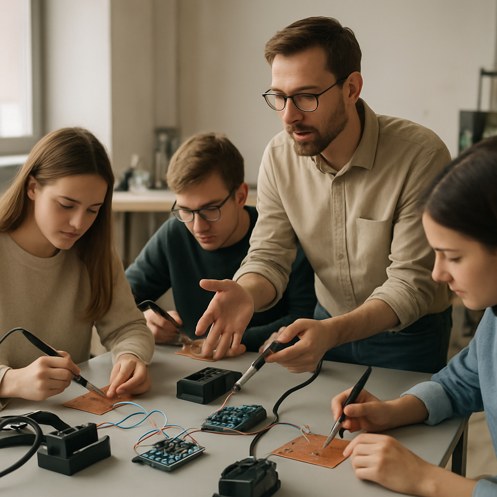 Teilnehmende arbeiten an ersten Lötverbindungen
