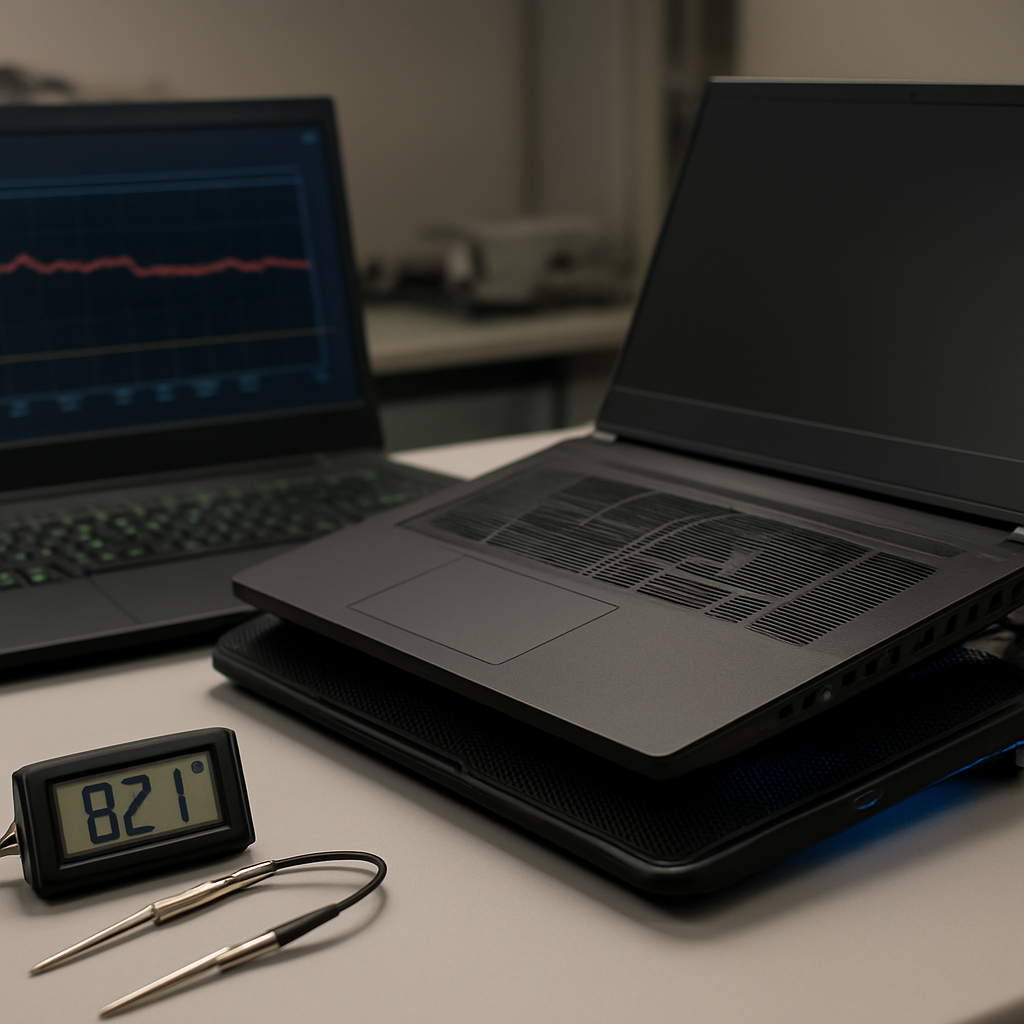 Testbühne: Laptops, Kühlpad und Messsensoren